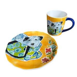 Pier 1 Pups in Purses Dog 8.5" Salad Dessert Plate and Matching Cup Mug Yellow